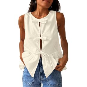 Women Tie Front Peplum Tops Bow Sleeveless Babydoll Dressy Blouse Summer Trendy Tank Tops Cute Casual