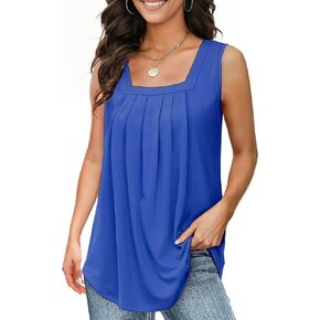 Summer Tank Tops for Women Loose Fit Pleated Square Neck Sleeveless Tops Flowy Blouse Short Sleeve Tops Basic Shirts Blue 2XL