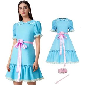 Grady Twins Costume Lolita Dress Blue Puff Sleeves Dress Halloween Creepy Doll Cosplay Outfits for Women Girls