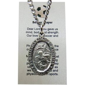 Westmon Works St Sebastian Soccer Medal Set with Pewter Pendant Medallion on a Stainless Steel Chain Prayer Card Boxed