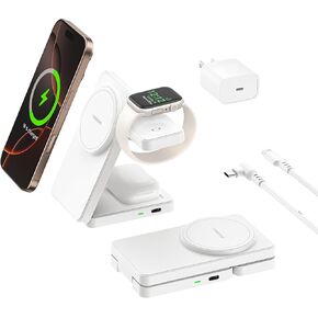 محطة شحن 3 في 1 لهاتف iPhone 16 15 14 13 12، سلسلة 11 X 8 (مع حافظة MagSafe)، شاحن لاسلكي لساعة Apple، حامل شحن مغناطيسي للسفر لأجهزة AirPods (أسود) in Kuwait