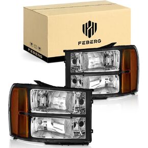 [OE Style Anti-Yellowing for 2007-2013 Sierra Headlights for 07-13 GMC Sierra 1500/07-14 Sierra 2500 HD 3500 HD Headlamp Chrome Housing Amber Reflector Left+Right wiring harness included