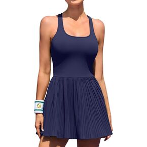 ATTRACO Women Pleated & Mesh Tennis Dress Sleeveless Athletic Golf Dress with Built in Shorts and Bra