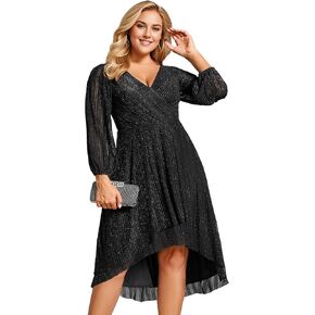 Ever-Pretty Women's Sparkling V Neck A Line Long Sleeves Knee Length Plus Size Semi Formal Dresses 02266-DAPH