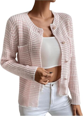 GORGLITTER Women's Checkered Cardigan Long Sleeve Striped Lightweight Knitted Sweaters Fall Fashion in Saudi Arabia