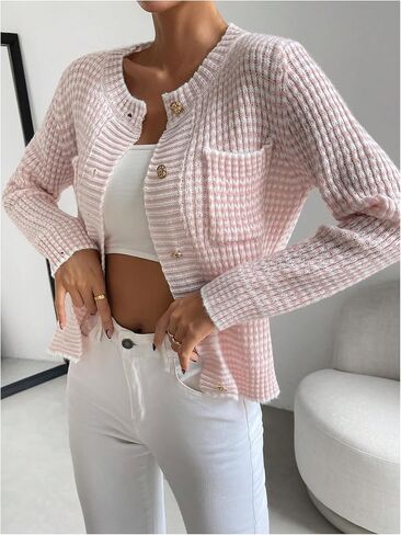 GORGLITTER Women's Checkered Cardigan Long Sleeve Striped Lightweight Knitted Sweaters Fall Fashion in Saudi Arabia