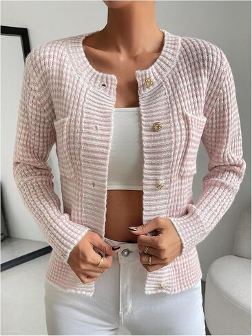GORGLITTER Women's Checkered Cardigan Long Sleeve Striped Lightweight Knitted Sweaters Fall Fashion in Saudi Arabia