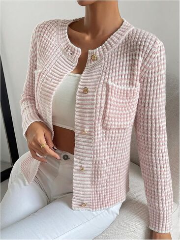 GORGLITTER Women's Checkered Cardigan Long Sleeve Striped Lightweight Knitted Sweaters Fall Fashion in Saudi Arabia