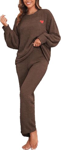 Famulily Womens Cozy Warm Fuzzy Fleece Pjs Sets Cute Heart Embroidery 2 Piece Pajamas Top and Pants Matching Sets in Kuwait