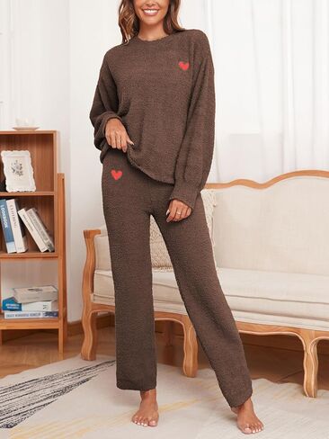 Famulily Womens Cozy Warm Fuzzy Fleece Pjs Sets Cute Heart Embroidery 2 Piece Pajamas Top and Pants Matching Sets in Kuwait