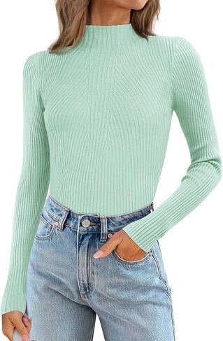 ATHMILE Women's 2025 Fall Long Sleeve Pullover Ribbed Knit Sweater Low Mock Neck Slim Fit Basic Casual Tee Tops in Kuwait