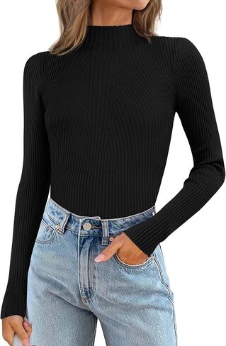 ATHMILE Women's 2025 Fall Long Sleeve Pullover Ribbed Knit Sweater Low Mock Neck Slim Fit Basic Casual Tee Tops in Kuwait