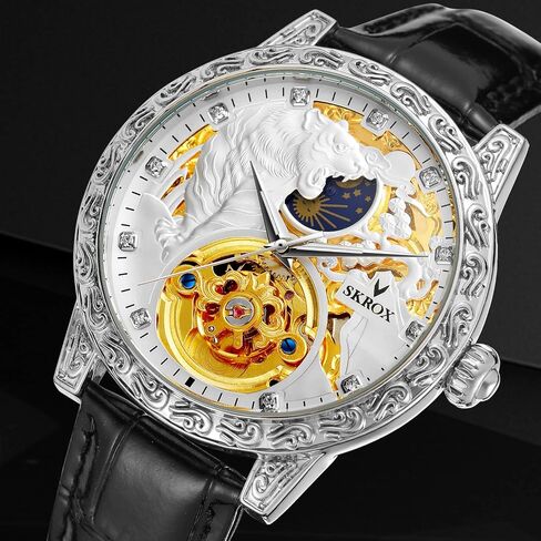 FORSINING Men's Tourbillon Watch Luxury Skeleton Carved Moon Phase Automatic Self-Winding Watches with Genuine Leather Strap in Saudi Arabia