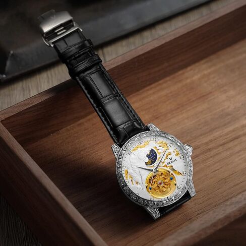 FORSINING Men's Tourbillon Watch Luxury Skeleton Carved Moon Phase Automatic Self-Winding Watches with Genuine Leather Strap in Saudi Arabia