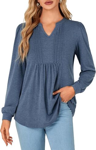 Rooscier Women's Long Sleeve Notch V Neck Pleated Loose Flowy Tunic Top Fall Shirt in Kuwait