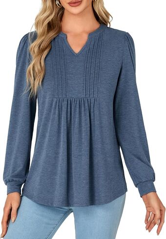 Rooscier Women's Long Sleeve Notch V Neck Pleated Loose Flowy Tunic Top Fall Shirt in Kuwait