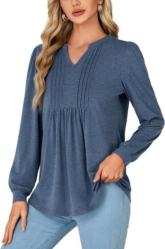 Rooscier Women's Long Sleeve Notch V Neck Pleated Loose Flowy Tunic Top Fall Shirt in Kuwait