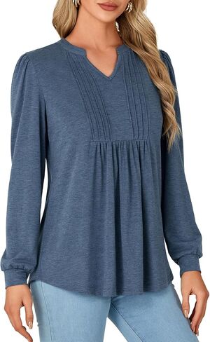 Rooscier Women's Long Sleeve Notch V Neck Pleated Loose Flowy Tunic Top Fall Shirt in Kuwait