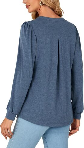 Rooscier Women's Long Sleeve Notch V Neck Pleated Loose Flowy Tunic Top Fall Shirt in Kuwait