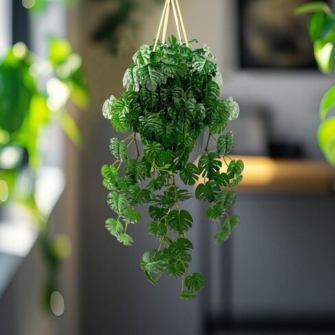 2 PCS Artificial Hanging Plants, Fake Hanging Monstera Leaves Ivy Vine Faux Greenery Tropical Palm Leaves Outdoor Hanging Plants Leaf Plant for Garden Home Decor in Saudi Arabia