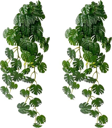 2 PCS Artificial Hanging Plants, Fake Hanging Monstera Leaves Ivy Vine Faux Greenery Tropical Palm Leaves Outdoor Hanging Plants Leaf Plant for Garden Home Decor in Saudi Arabia