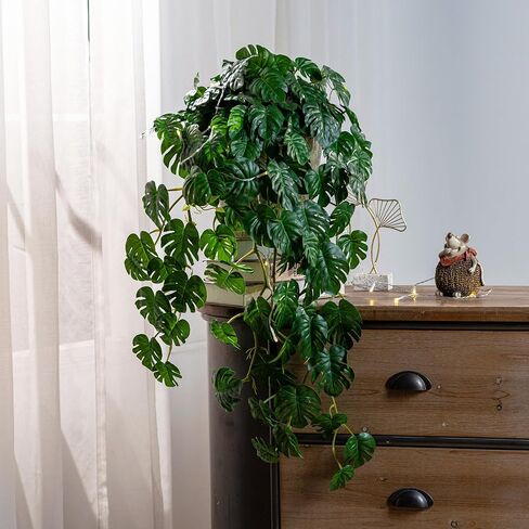 2 PCS Artificial Hanging Plants, Fake Hanging Monstera Leaves Ivy Vine Faux Greenery Tropical Palm Leaves Outdoor Hanging Plants Leaf Plant for Garden Home Decor in Saudi Arabia