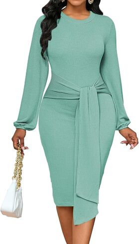WanMem Fall Dresses for Women 2024 Long Puff Sleeve Round Neck Bodycon Midi Dress Wedding Guest Dresses with Belt in Saudi Arabia