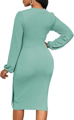WanMem Fall Dresses for Women 2024 Long Puff Sleeve Round Neck Bodycon Midi Dress Wedding Guest Dresses with Belt in Saudi Arabia
