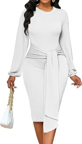 WanMem Fall Dresses for Women 2024 Long Puff Sleeve Round Neck Bodycon Midi Dress Wedding Guest Dresses with Belt in Saudi Arabia