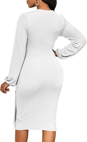 WanMem Fall Dresses for Women 2024 Long Puff Sleeve Round Neck Bodycon Midi Dress Wedding Guest Dresses with Belt in Saudi Arabia