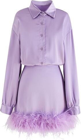 فستان CHICWISH نسائي أبيض/أسود/أرجواني من الريش الأثيري وياقة مقلوبة وأكمام طويلة من الساتان in Kuwait