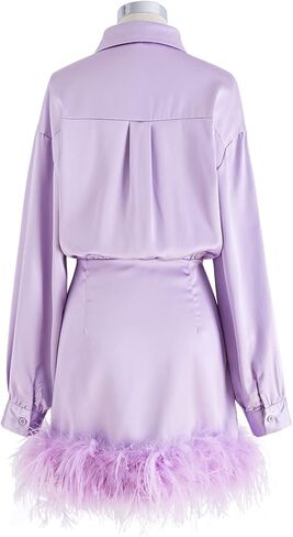 فستان CHICWISH نسائي أبيض/أسود/أرجواني من الريش الأثيري وياقة مقلوبة وأكمام طويلة من الساتان in Kuwait