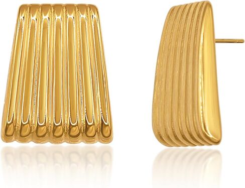 Ribbed Pattern Gold Tone Stud Earrings Large Gold Statement Chunky Stud Earrings for Women Trendy Vintage Large Gold Geometric Earrings Jewelry in Kuwait