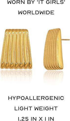 Ribbed Pattern Gold Tone Stud Earrings Large Gold Statement Chunky Stud Earrings for Women Trendy Vintage Large Gold Geometric Earrings Jewelry in Kuwait