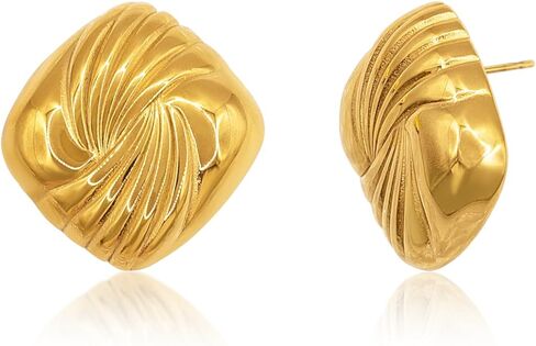 Ribbed Pattern Gold Tone Stud Earrings Large Gold Statement Chunky Stud Earrings for Women Trendy Vintage Large Gold Geometric Earrings Jewelry in Saudi Arabia