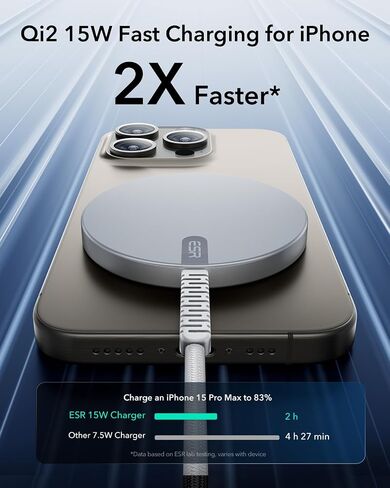 شاحن لاسلكي ESR HaloLock Qi2، شاحن iPhone 15W Qi2 Magsafe، لوحة شحن لاسلكية لسلسلة iPhone 16/15/14/13/12، AirPods 4/3/Pro/Pro 2، لوحة شحن مغناطيسية قوية مع كابل من النوع C، أسود in Kuwait