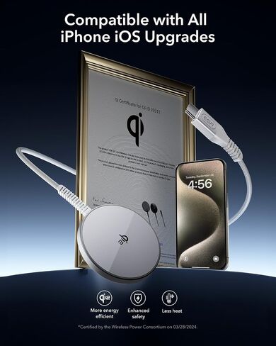 شاحن لاسلكي ESR HaloLock Qi2، شاحن iPhone 15W Qi2 Magsafe، لوحة شحن لاسلكية لسلسلة iPhone 16/15/14/13/12، AirPods 4/3/Pro/Pro 2، لوحة شحن مغناطيسية قوية مع كابل من النوع C، أسود in Kuwait