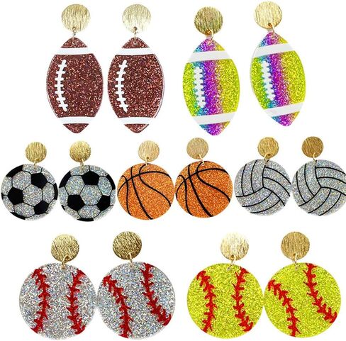 Acrylic Glitter Sports Ball Dangle Earrings for Women Sparkling Football Volleyball Basketball Baseball Drop Earrings Game Day Sport Theme Jewelry Gift in Kuwait