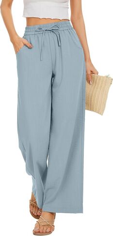 Women Summer Pants Flowy Pants Drawstring Waist Wide Leg Palazzo Beach Pants Loose Fit with Pockets in Kuwait