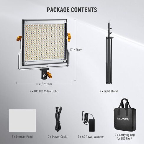 NEEWER 2 Pack Bi Color Dimmable 480 LED Video Light and Stand Kit, 28W 3200K-5600K CRI 96+ LED Panel with U Bracket, 75" Light Stand, Cleaning Cloth, Bag for YouTube Video Recording Studio Photography in Saudi Arabia