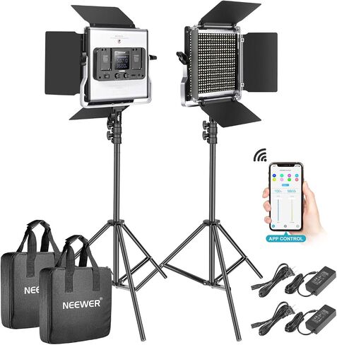NEEWER 2 Pack Bi Color Dimmable 480 LED Video Light and Stand Kit, 28W 3200K-5600K CRI 96+ LED Panel with U Bracket, 75" Light Stand, Cleaning Cloth, Bag for YouTube Video Recording Studio Photography in Saudi Arabia