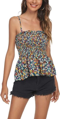 Tribear Women's Casual Frill Smocked Cami Tank Tops Floral Shoulder Strap Vest in Saudi Arabia