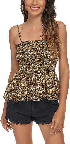 Tribear Women's Casual Frill Smocked Cami Tank Tops Floral Shoulder Strap Vest in Saudi Arabia