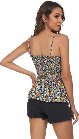 Tribear Women's Casual Frill Smocked Cami Tank Tops Floral Shoulder Strap Vest in Saudi Arabia