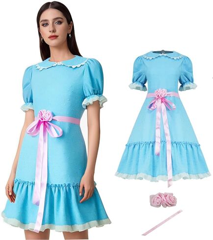 Grady Twins Costume Lolita Dress Blue Puff Sleeves Dress Halloween Creepy Doll Cosplay Outfits for Women Girls in Saudi Arabia
