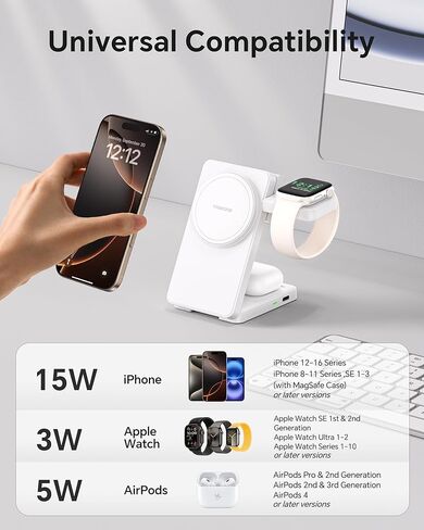 3 in 1 Charging Station for iPhone 16 15 14 13 12, 11 X 8 Series (with MagSafe Case), Wireless Charger for Apple Watch，Travel Magnetic Charging Stand for AirPods (Black) in Kuwait