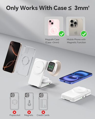 3 in 1 Charging Station for iPhone 16 15 14 13 12, 11 X 8 Series (with MagSafe Case), Wireless Charger for Apple Watch，Travel Magnetic Charging Stand for AirPods (Black) in Kuwait