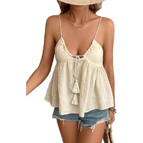 SweatyRocks Women's Adjustable Tassel Strap Ruffle Hem Cute Camisole Peplum Top
