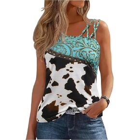 Women's Sexy Cold Shoulder Cow Abstract Graphic Criss Cross One Sided Shoulder Spaghetti Strap Tank Tops Shirt