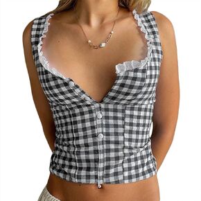 Mxiqqpltky Lace Trim Tank Top for Women Y2k Plaid Square Neck Sleeveless Corset Top Slim Fit Going Out Cami Gingham Crop Top